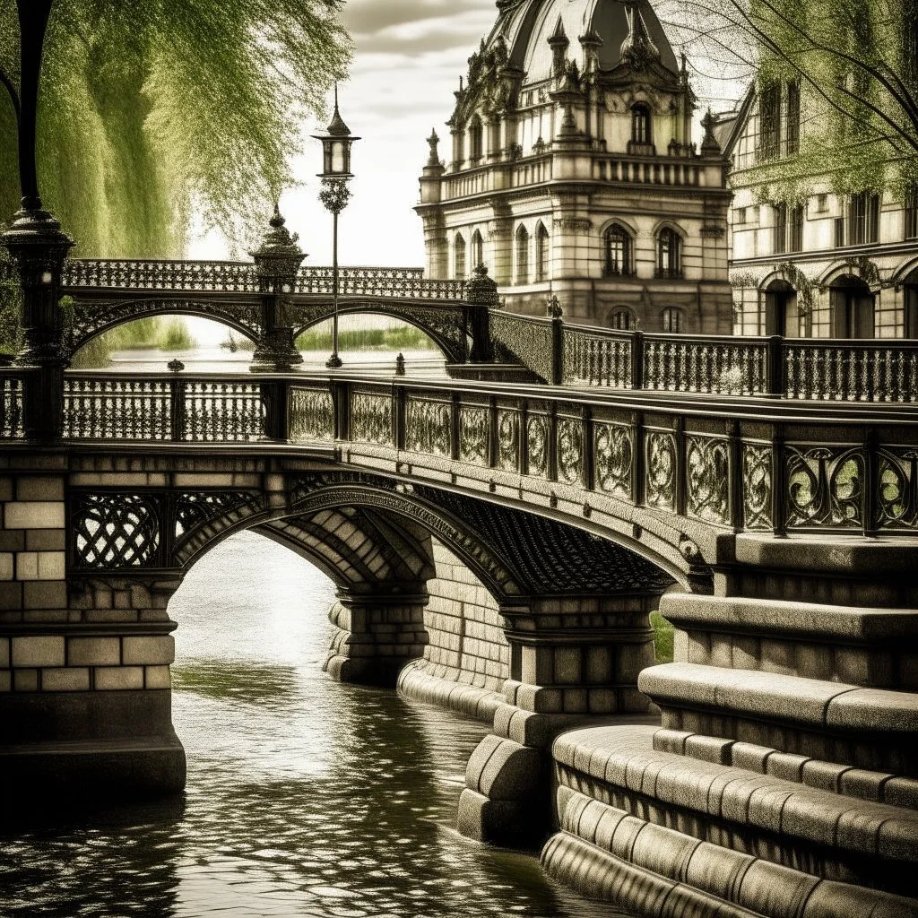 A classic stone bridge reminiscent of London Bridge spans a gentle flowing river. Ornate details adorn the elegant structure, complemented by vintage iron railings and lampposts. The scene harmoniously combines historic charm with the modern energy of the city, offering a serene yet lively backdrop for your photos.