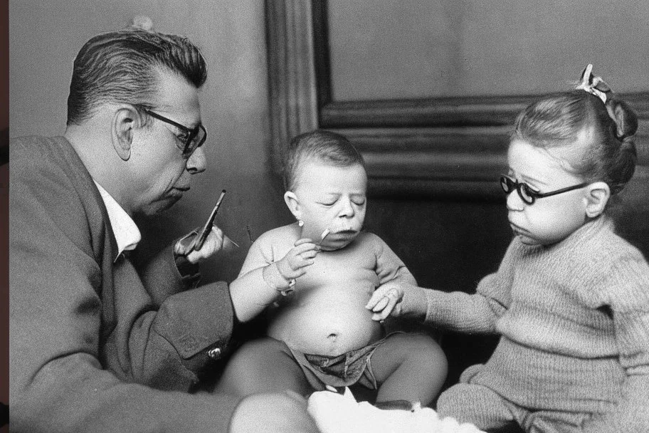 a photo of baby Simone de Beauvoir and baby Jean-Paul Sartre meeting baby Che Guevara who is lighting a cigar for baby Jean-Paul Sartre