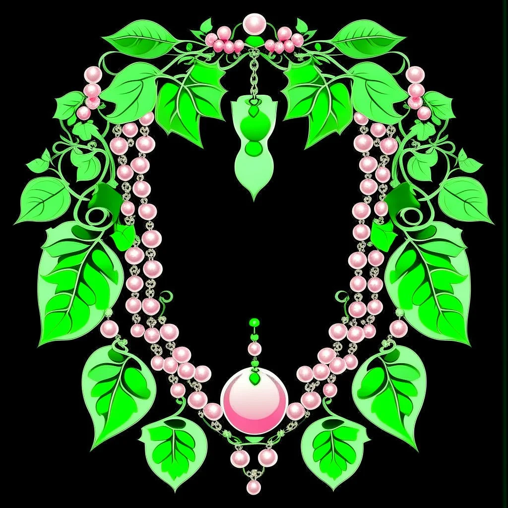 Create an Artwork of a Mirror with ivy branches and pearls necklace, Like a creative Logo for a Varasity Jacket to put a random number uin it, Vector illustration. Colors should be pink and green