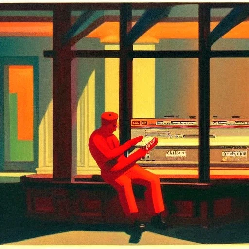 A man in Soviet Russia playing with a synthesizer and a tape machine in the style of Edward Hopper.