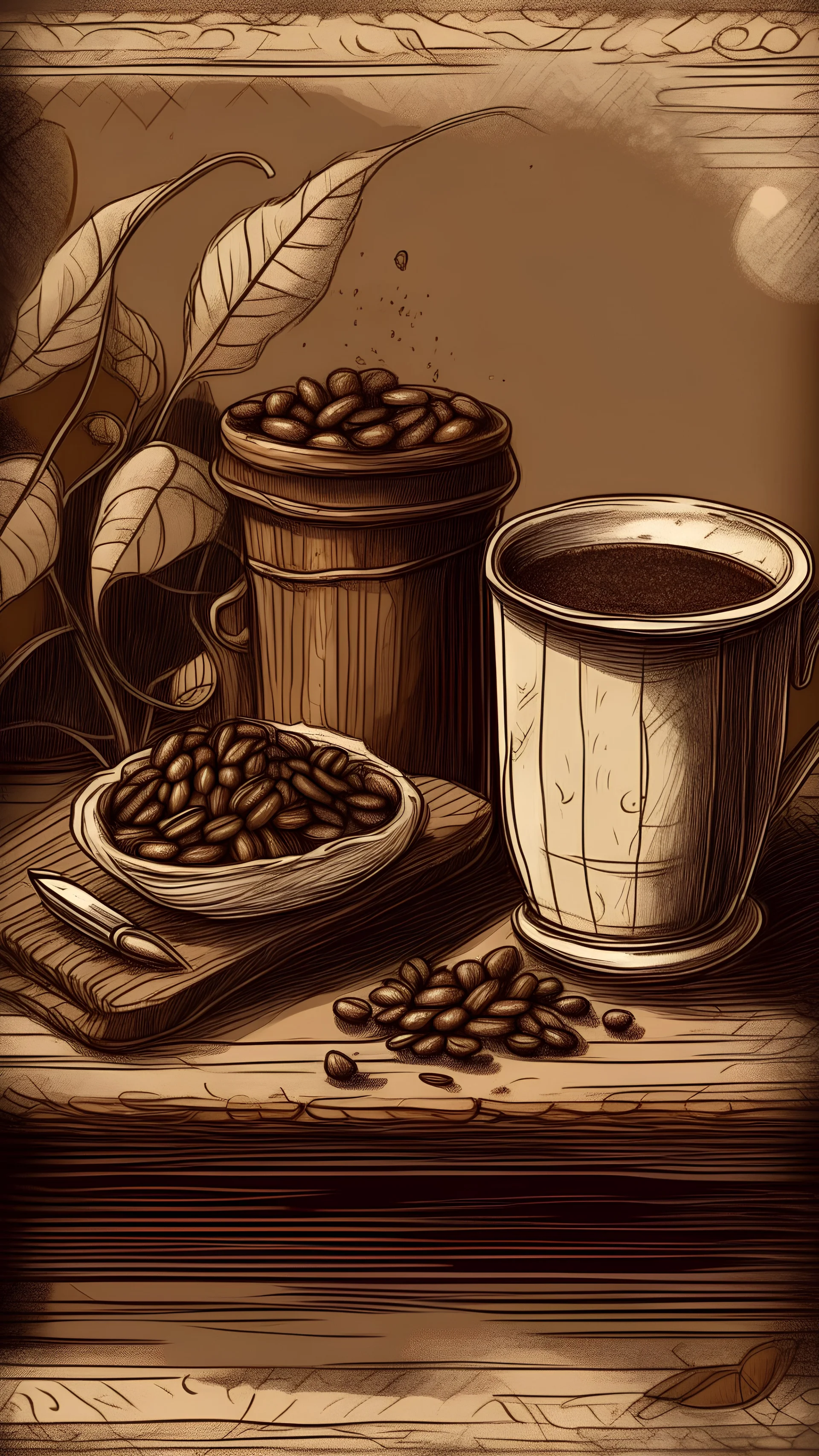 rustic organic coffee, digital painting, line art