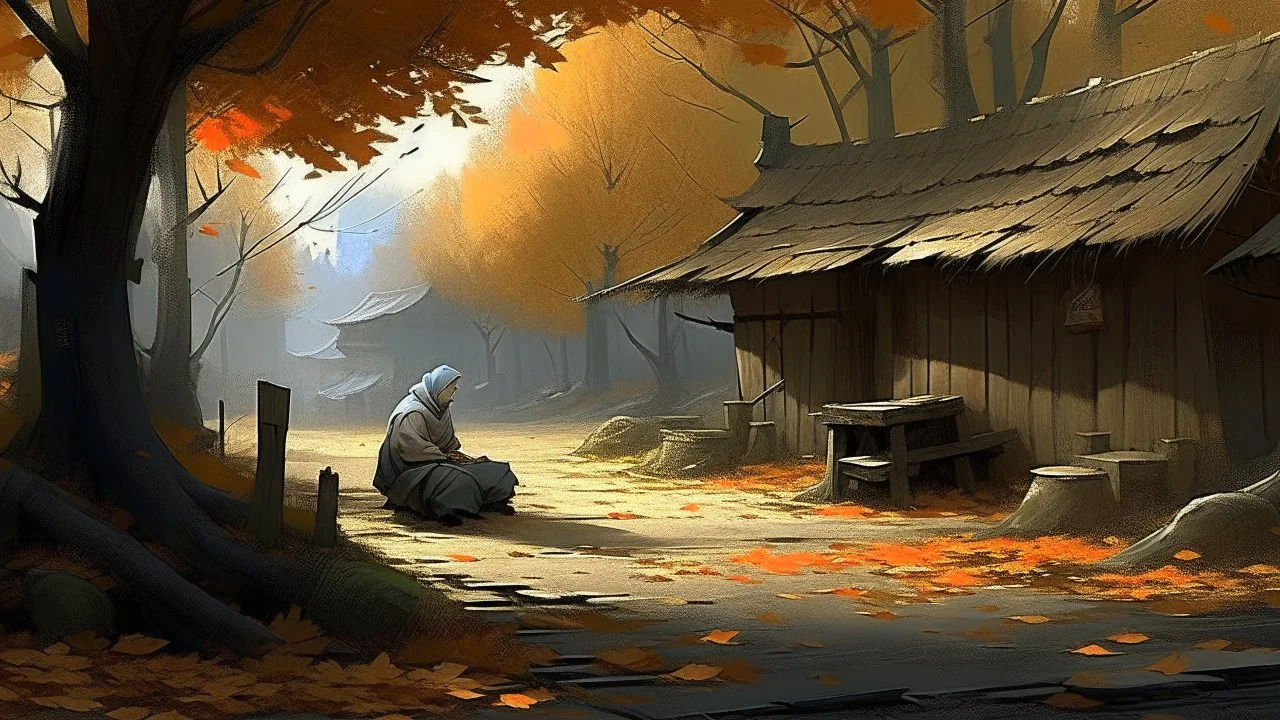 In the autumn season that brings with it the whisper of cold winds, the hero sits in the heart of the village after he succeeded in defeating the mysterious witch. The village becomes quiet and things return to calm, but there is still tension in the air. The hero is alone in this scene, surrounded by autumn trees whose leaves are falling under the influence of the cold air. The hero sees traces of the battle on the village walls, where tangled threads of magic appear as a reminder of the confl