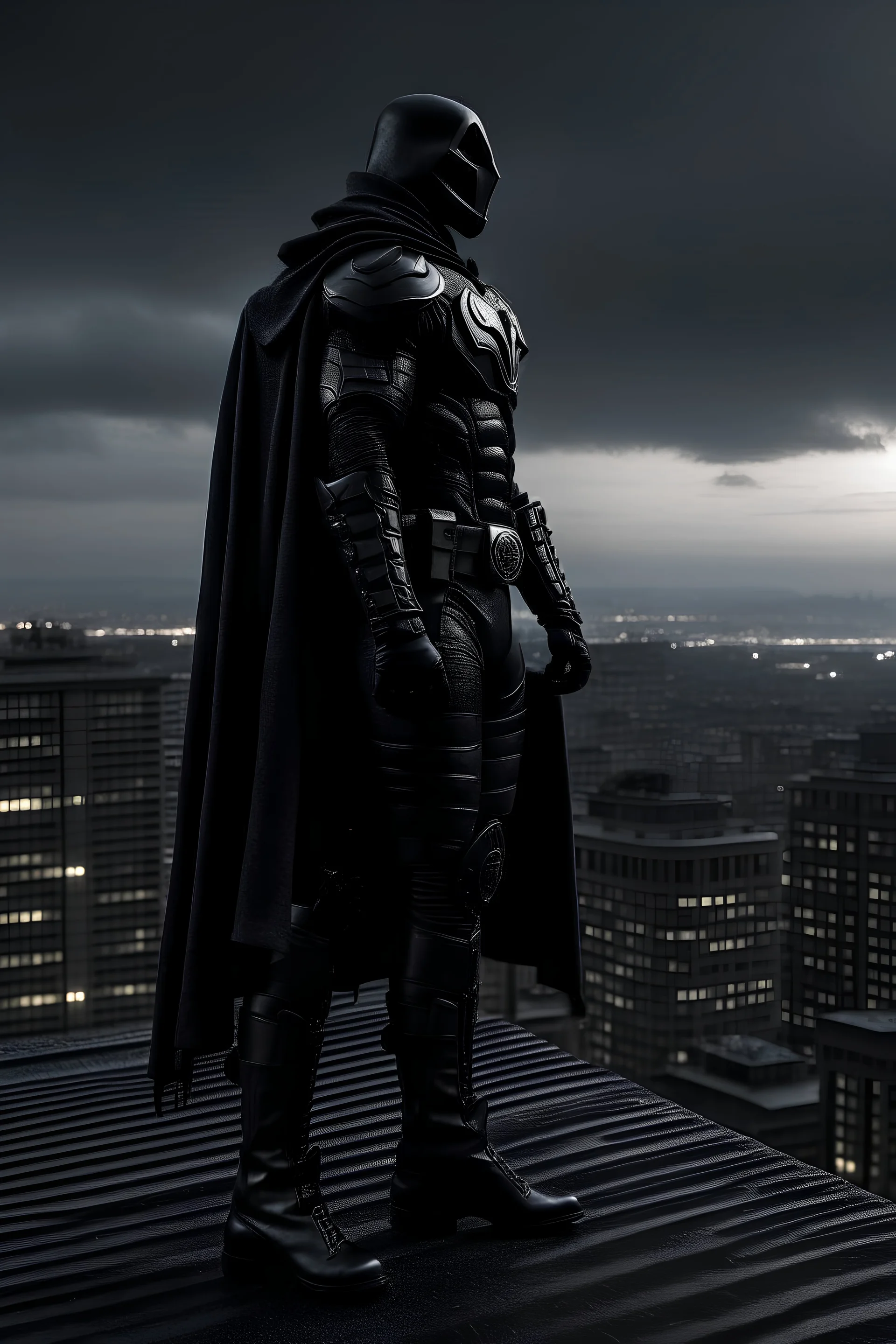 An ominous, highly detailed portrait of a gritty vigilante antihero standing on a rooftop overlooking a overcast cityscape at morning. He is wearing a black armored tactical suit with a utility belt, combat boots and gloves, and a menacing look in his eyes. His cape flows dramatically behind him in the wind. The city lights reflect off his face and suit. He stands in a powerful pose, ready for action. The scene is epic and cinematic, with dramatic lighting and atmosphere. photorealistic