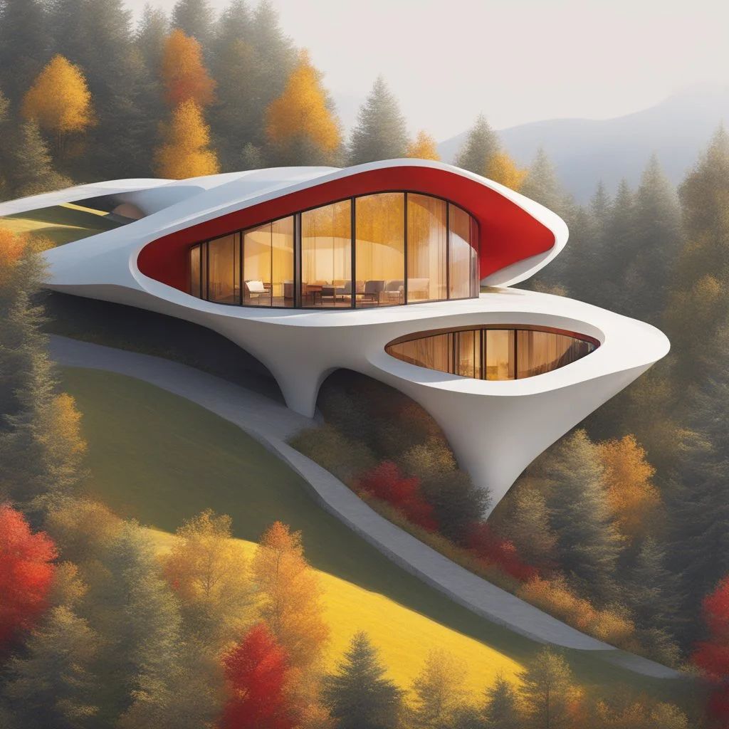 Aerial view Zaha Hadid style hill hut, trees, digital art, hyper-detailed, white, red and yellow colors, 8k oil painting