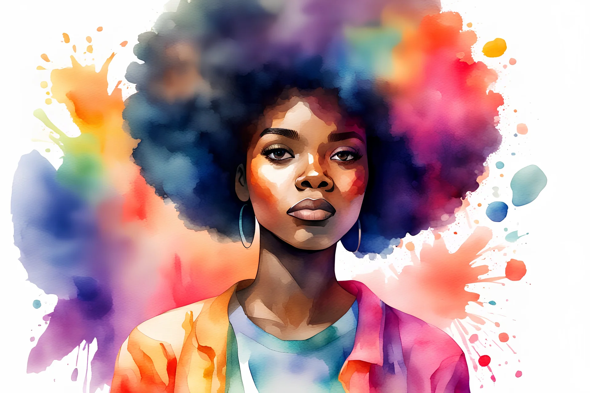 uma jovem afro com estilo de aquarela com cores fortes