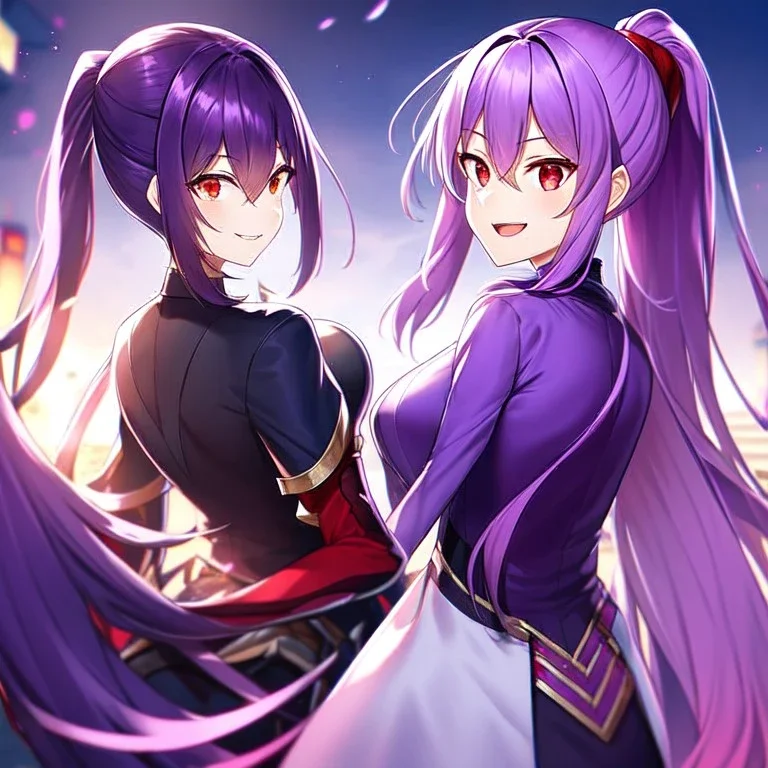 girl, masterpiece, best quality, volumetric lighting, detailed outfit, perfect eyes, long hair, purple hair, red eyes, ponytail, looking back, laughing, angry,