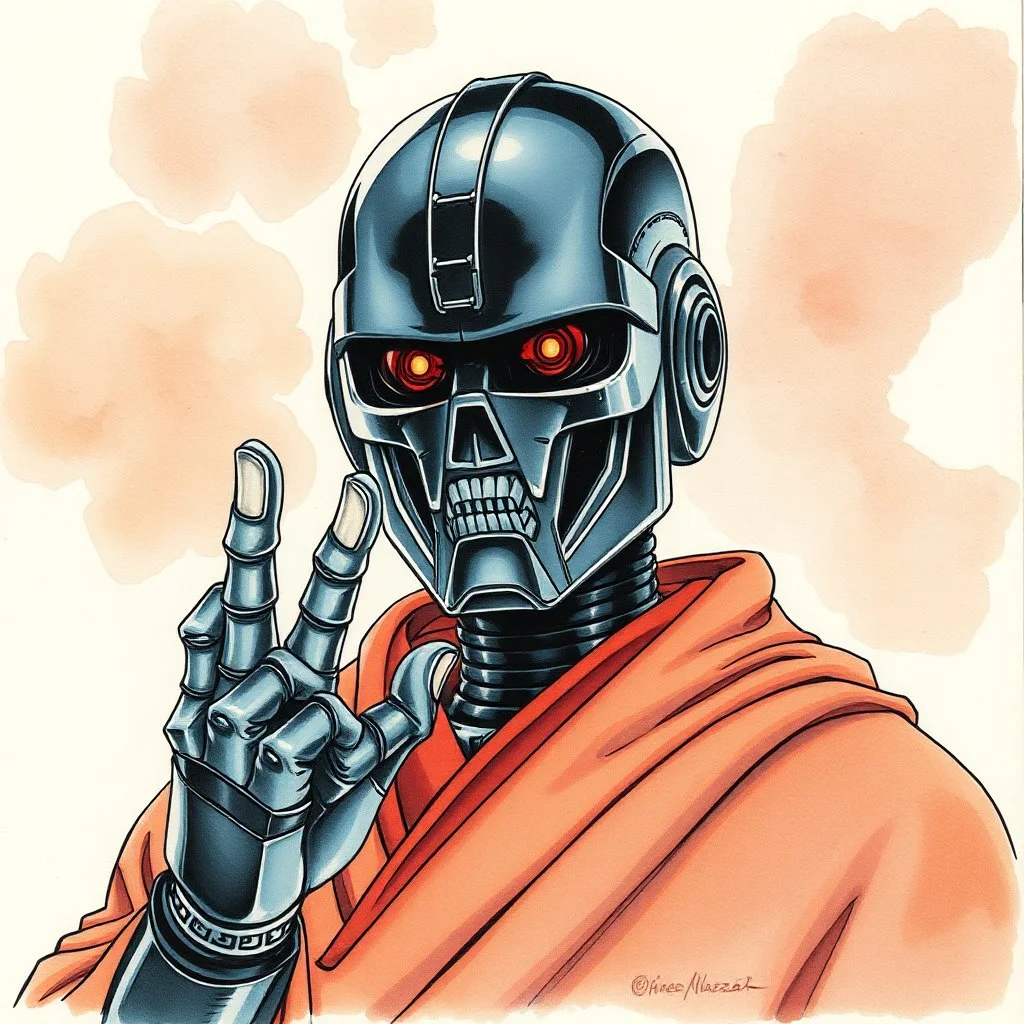 retro anime style, full color, dark serious 1980s anime terminator like robot, moebius artist, magic, watercolor, buddist monk robe, 4 fingers