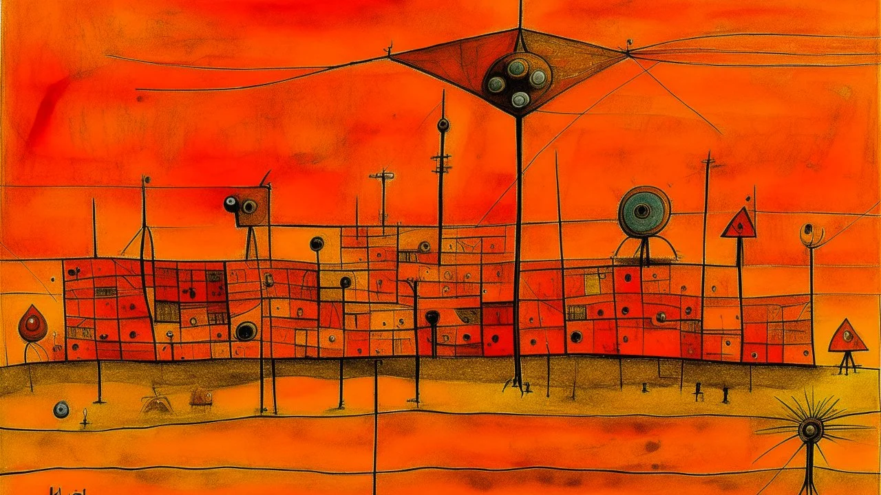An orange colored secret spy base with cybernetic flies painted by Paul Klee