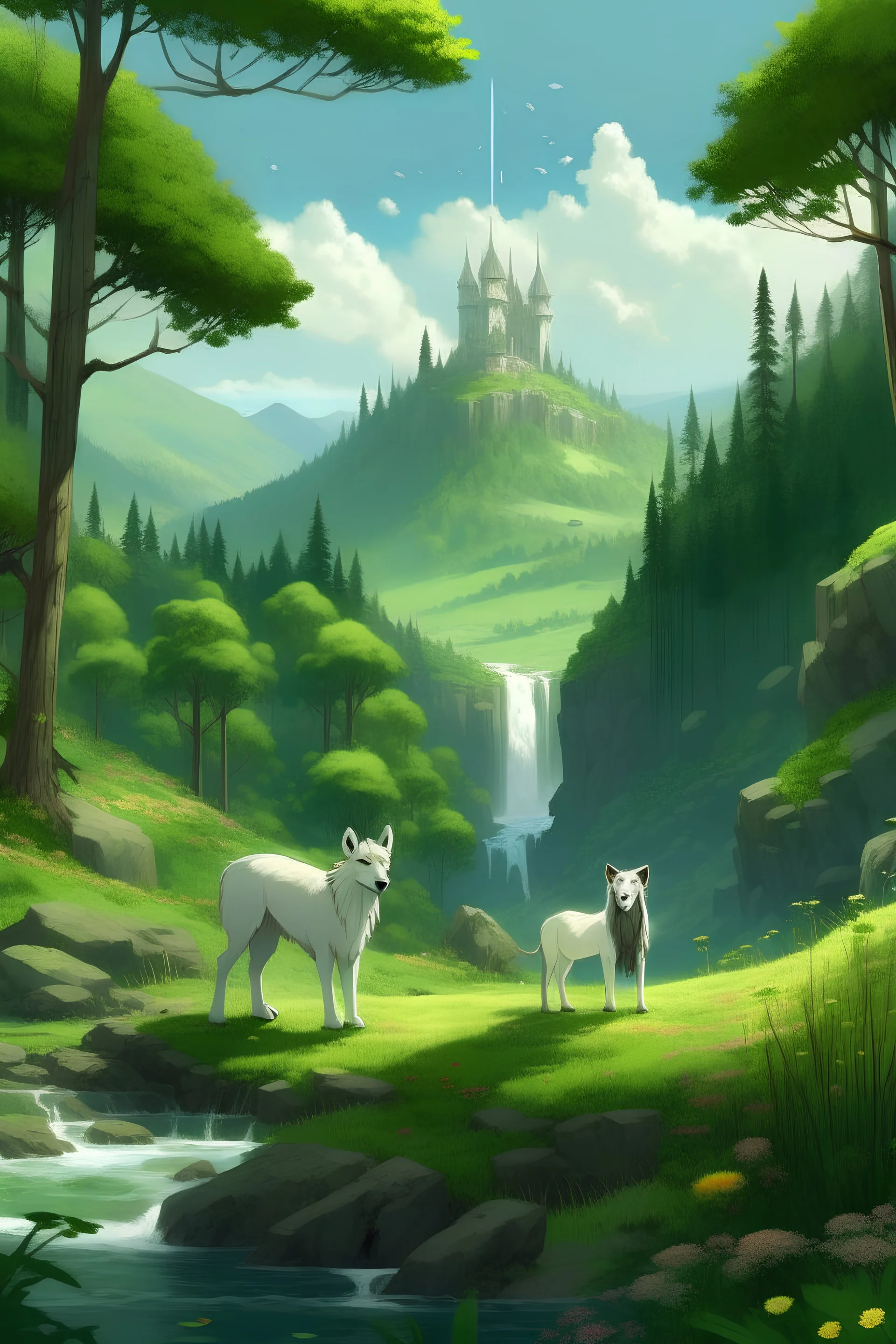 a white wolf and a white deer stand on top of a hill full of tall trees and look ahead to a forest valley green and full of flowers and trees with a waterfall in the distance