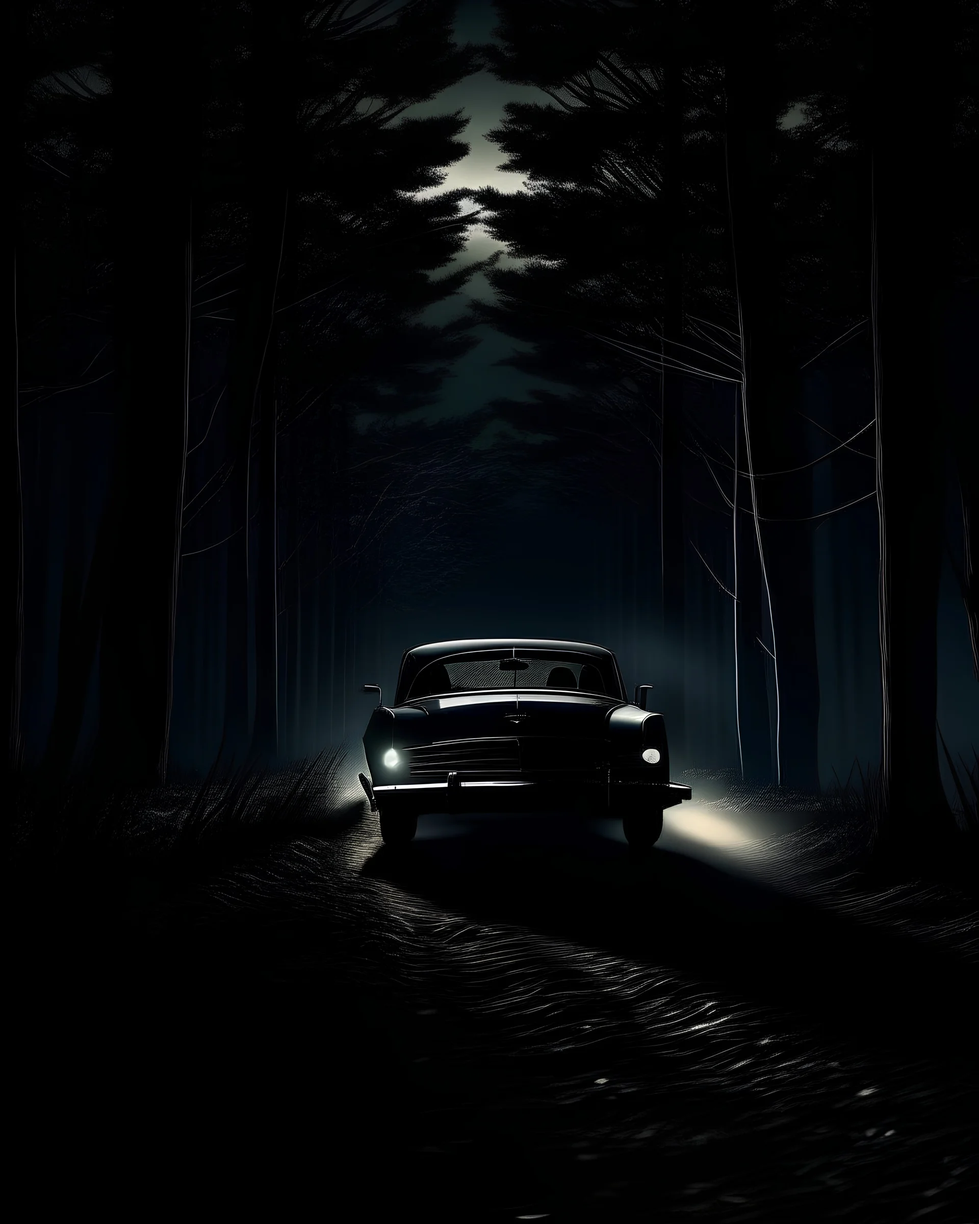 Dark Forest Drive: A couple in a car driving through a dense, dark forest with tall, shadowy trees. The headlights illuminate the eerie, twisted branches ahead, creating an ominous atmosphere.