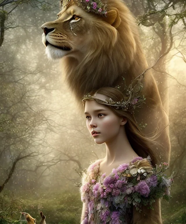 Young beautiful girl wearing floral crown and standing next to a majestic, stunning lion on nature forest path, Chronicles of Narnia, 8k resolution, high-quality, fine-detail, iridescent, intricate, digital art, detailed matte, volumetric lighting, beautiful, illustration, 3D octane render, brian froud, howard lyon, selina french, anna dittmann, annie stokes, lisa parker, greg rutowski,