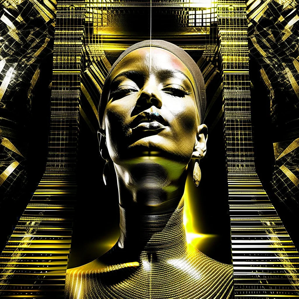 Double exposure of a golden and silver photo of the face of the pharaonic goddess Nefertiti and stairs inside a pyramid, black and yellow photo, a staircase, by John Alexander, stairs, a winding staircase inside a pyramid, inspired by Jerry Schatzberg, stairs to heaven, fine art photography, by Rodolfo Escalara, illustration, by Albert Cotin, beautiful, stairs, inspired by Rudolf Hausner, staircase 1