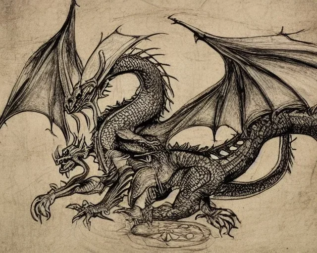 Dragon schematic by Leonardo Da Vinci, black paper, white ink drawing, dragon head, dragon body, notes