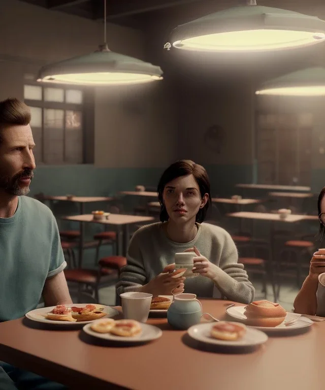 Realistic scene, man and woman sitting in cafeteria and having breakfast levitating, 0 gravity, Wes Anderson, soft color, highly detailed, unreal engine 5, ray tracing, RTX, lumen lighting, ultra detail, volumetric lighting, 3d, finely drawn, high definition, high resolution.