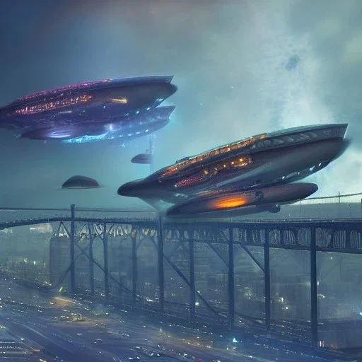 galaxian fantasy airships flying over San Francisco Bridge in a cloudy sky,Giant sci-fi super-panzer,bioluminescence, luminescent glow, moody, tender, photorealistic, octane render, in the style of John Berkey