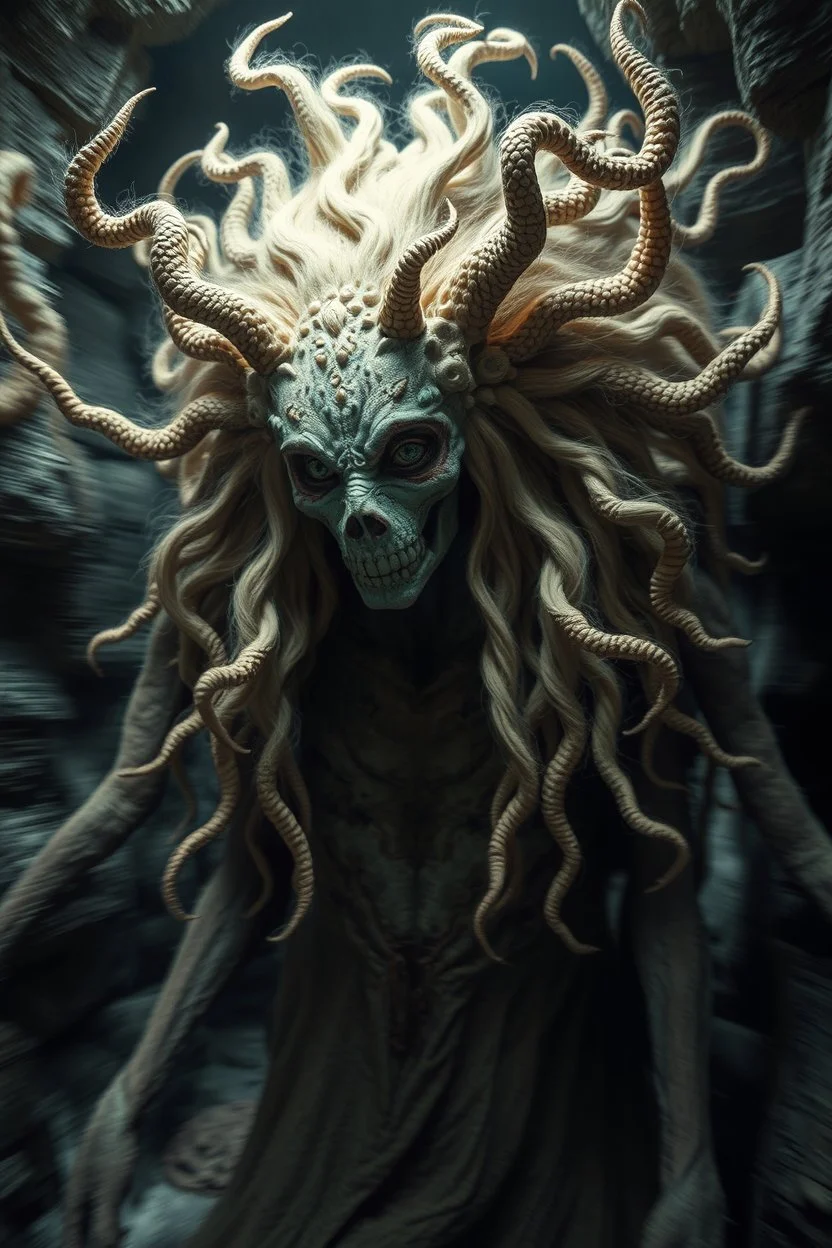 fluffy hair covered, søt som fy Medusa, en god og snill og flink og veldig søt og hårete som en hippie , humanoid skapning fra universet, de regjerer ofte i underjordiske byer . ser på seg selv som overlegne , abyss city, motion blur, painted by Giger