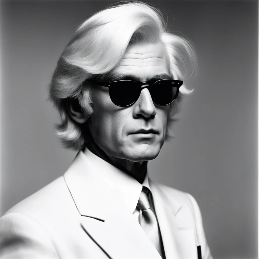 [shades of white and gradient of grays hairstyle] Andy Warhol, the legendary artist known for his iconic silver-white hair and avant-garde style. His distinctive hairstyle became a symbol of his artistic persona. A colour high res photo by Helmut Newton in his atelier in front of a white monochrome