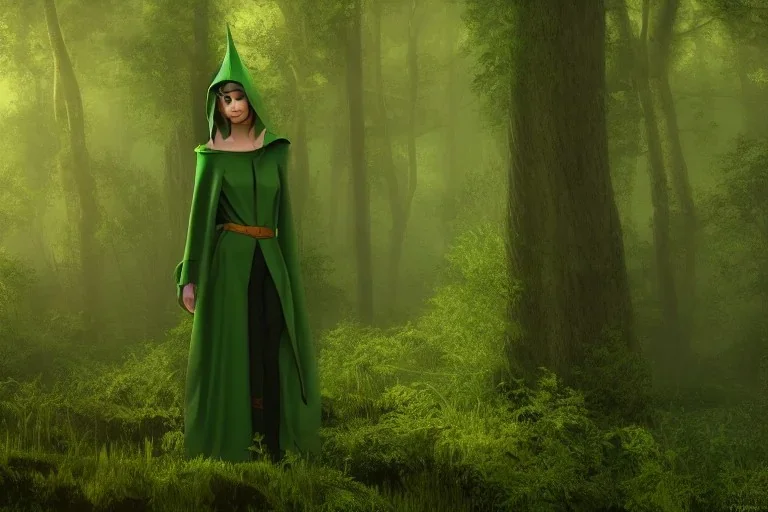 green robed elf in forest, highly detailed, 8k, atmospheric lighting, trending on artstation