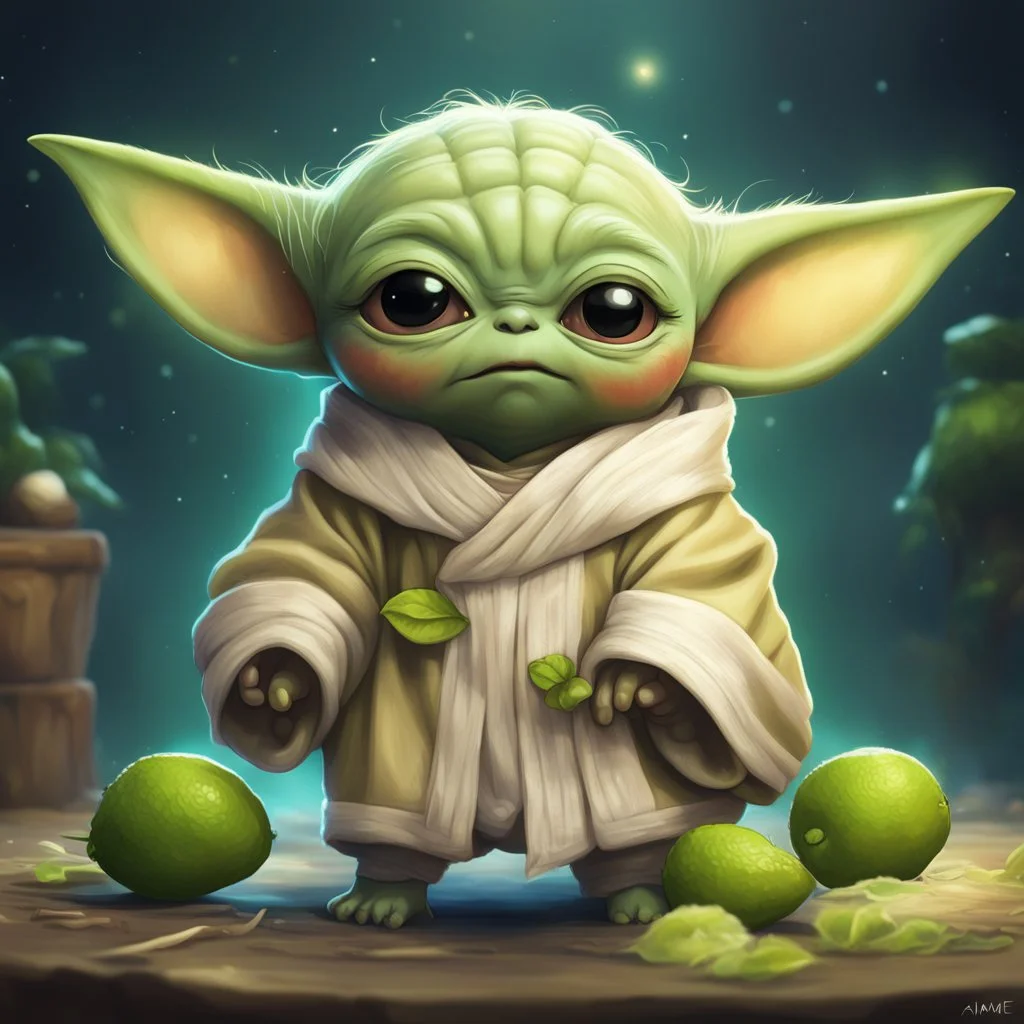 Chibi-style anthropomorphic lime fruit that looks like Baby Yoda by artist "anime", Anime Key Visual, Pixiv, Zerochan, Fantia Epic cinematic brilliant stunning intricate meticulously detailed dramatic atmospheric maximalist digital matte painting