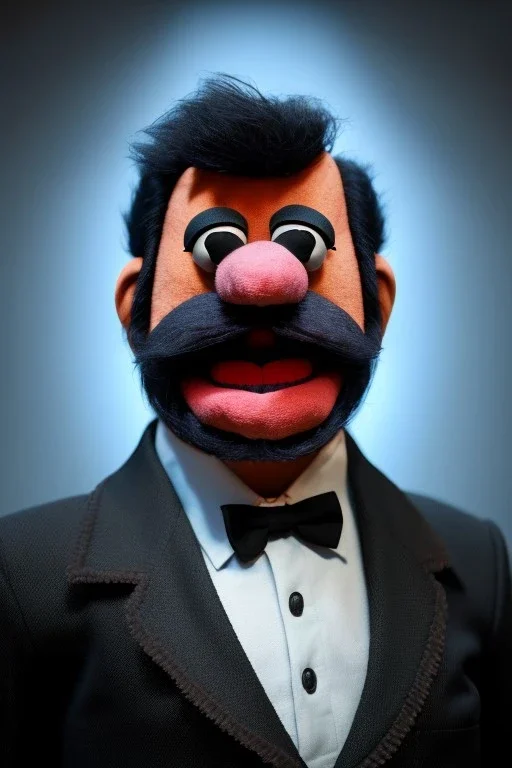 Waist up muppet Portrait, Nicolas maduro as muppet doll, black mustache and hair, black suit, photo studio, blue background, unreal engine 5, concept art, art station, god lights, ray tracing, RTX, lumen lighting, ultra detail, volumetric lighting, 3d.