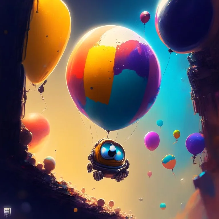 Wall-E, digital art, anime, 4k, full details, high resolution, colorful, alone,space balloons, cinematic