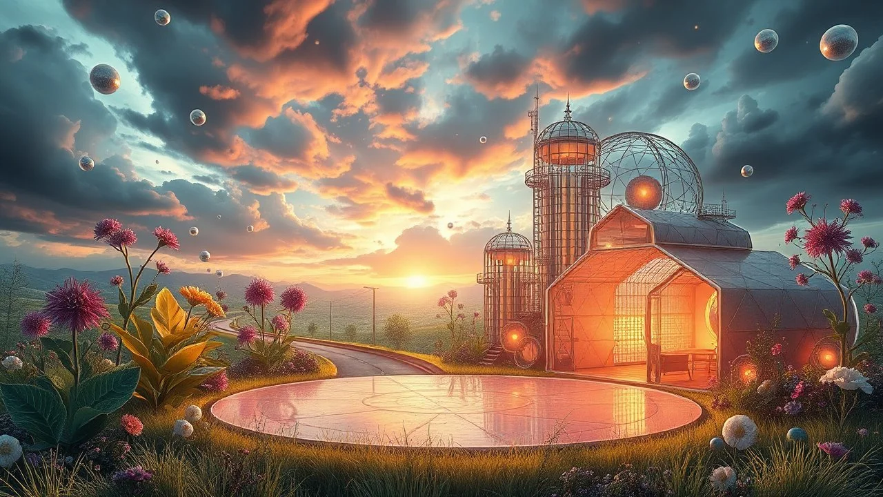 Dynamic cifi country side ,hypnotic of 3D structures Symmetry twisting and morphing between cifi plants , cifi flowers and metal geometric 3d structures buildings ,cifi cars, and an open cifi stage with a future pretty lady singer presenting her art performance in it,smooth translucent iridescent glass with inner glow and bubbles, varied transparent materials, stormy skies, intense dramatic