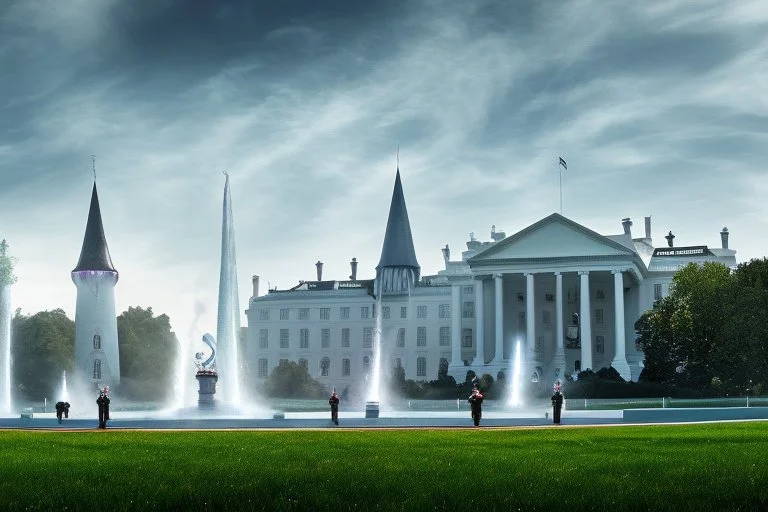 realistic Harry Potter and Dumbledore standing in front of white house