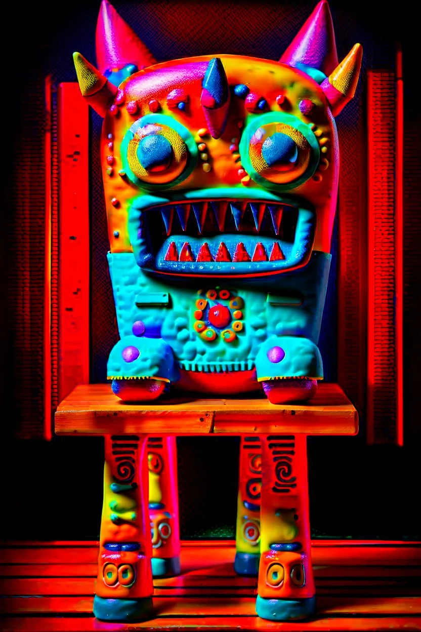 photo of wooden furniture made to look like art toy peculiar monster made of painted vinyl and wood