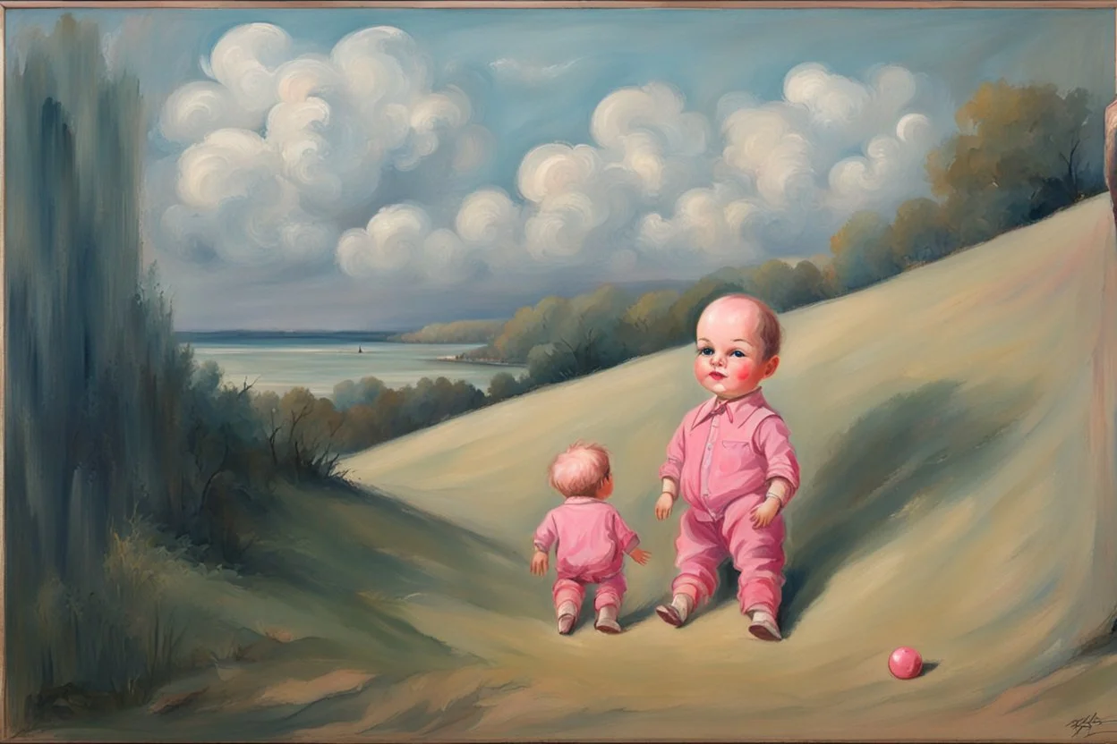 Big pink plastic Boy doll.19th painting