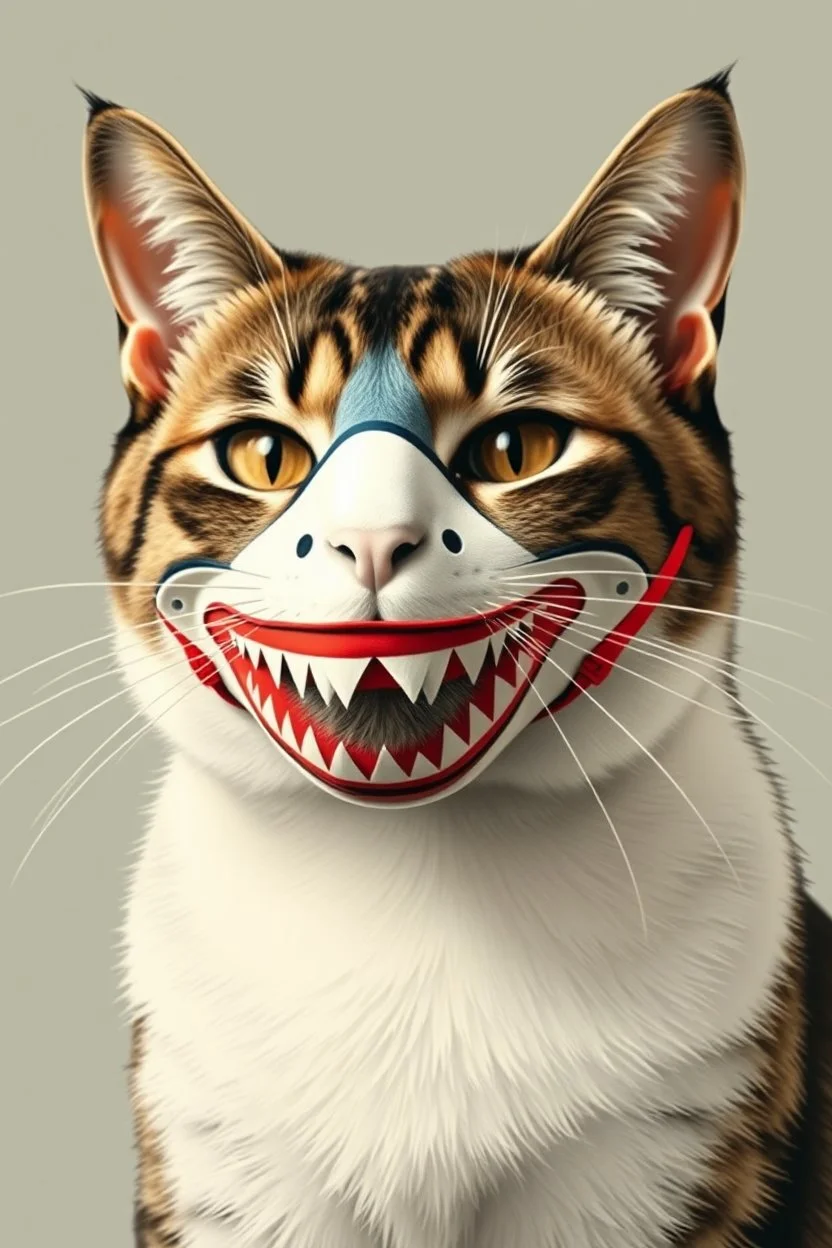 cat with shark mask solana japanese style in the style of warhol