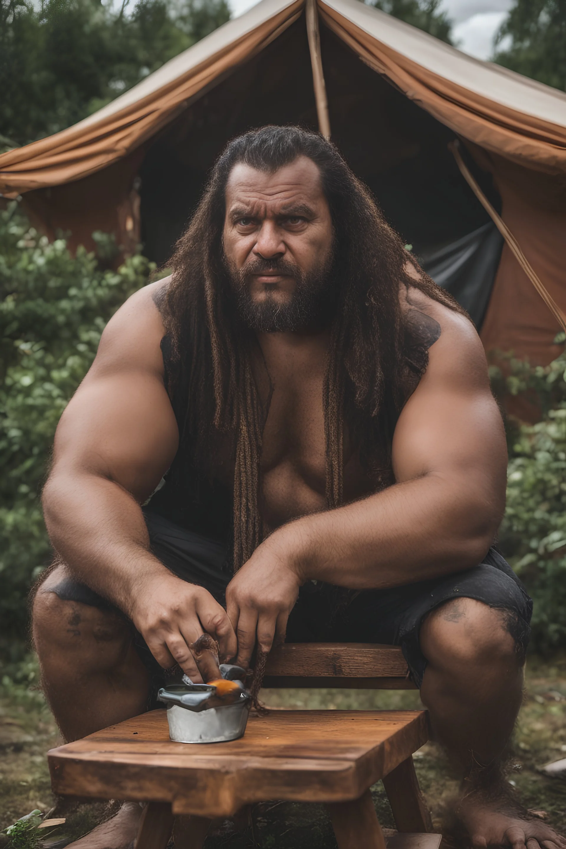 close up shot photography of an ugly burly hairy strong big chubby angry gipsy shirtless homeless man 33 years old, big nose, in bulging shorts, bulge, manly chest, dreadlocks, sweat, sweat, wet, relaxing sitting a chair near his small tent, in a private elegant garden of a villa, raining nighttime, big shoulders, ambient occlusion, photorealistic, frontal view from the ground, dim light from little bulbs