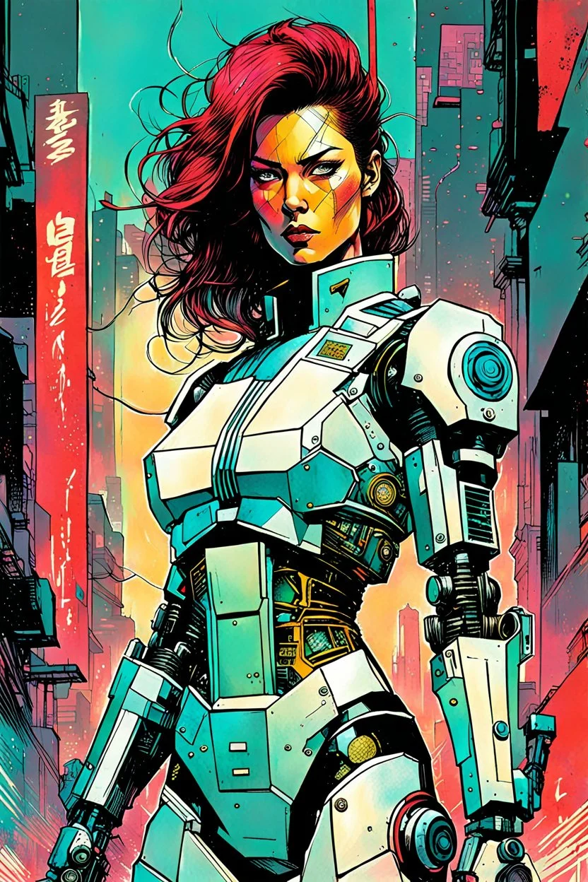 create a full body portrait illustration of a robotic cyberpunk samurai female cop, with highly detailed and deeply cut facial features, in a chaotic, turbulent, otherworldly city in the comic art style of BILL SIENKIEWICZ and JEAN GIRAUD MOEBIUS, searing lines and forceful strokes, precisely drawn, inked, and darkly colored