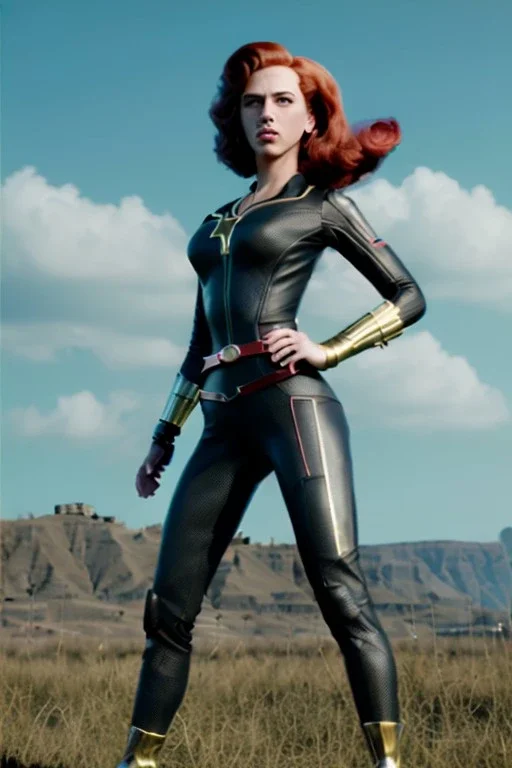 retro portrait image from 1960, sky background, wind, long red hair, fighting stance, sweet young Scarlett Johansson, black dress, classic long tight lycra black suit, gold bracelet and belt, high heel boots, superhero style, black widow, soft color, highly detailed, unreal engine 5, ray tracing, RTX, lumen lighting, ultra detail, volumetric lighting, 3d, finely drawn, high definition, high resolution.