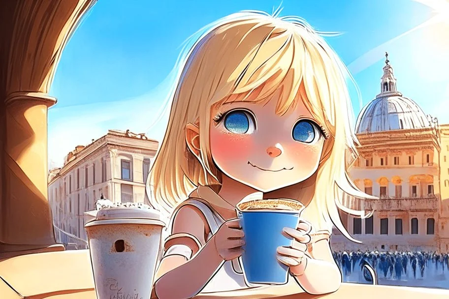 contented cute blonde blue eyed chibi girl drinking coffee in Rome in sunshine