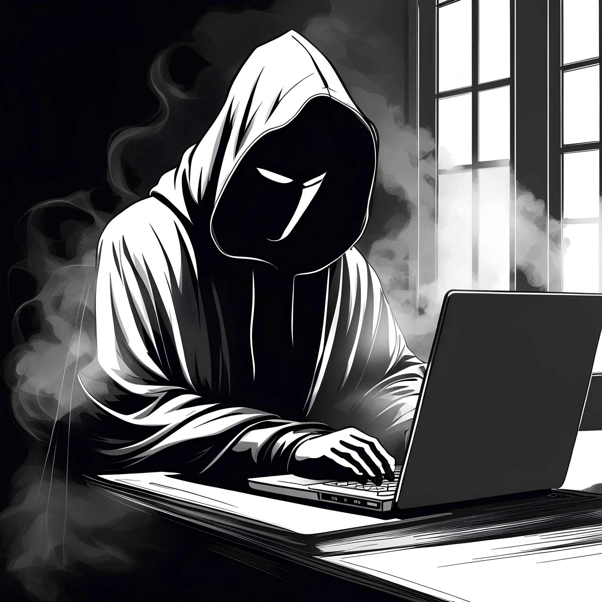 an anonymous writer clad in hooded garb, sitting in dark room at laptop (with his back to viewpoint:1.8), typing, laptop screen visible, hidden in gloom and dark and smoke, clandestine vibe, award-winning photo