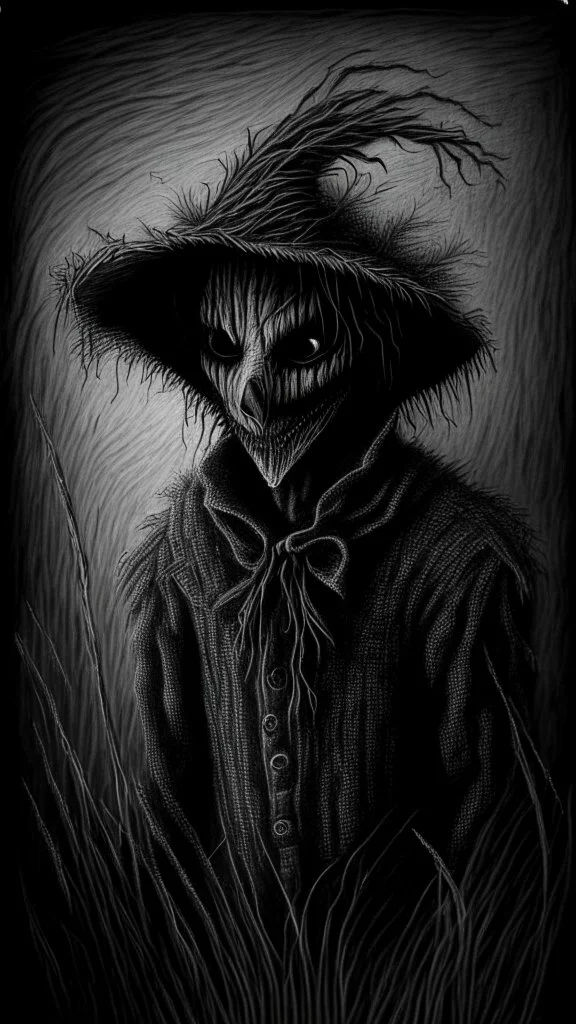 pencil drawing of a scarecrow. Spooky, scary, halloween, realistic, black paper