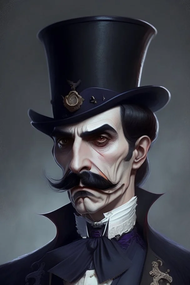 Strahd von Zarovich with a handlebar mustache wearing a top hat looking confused