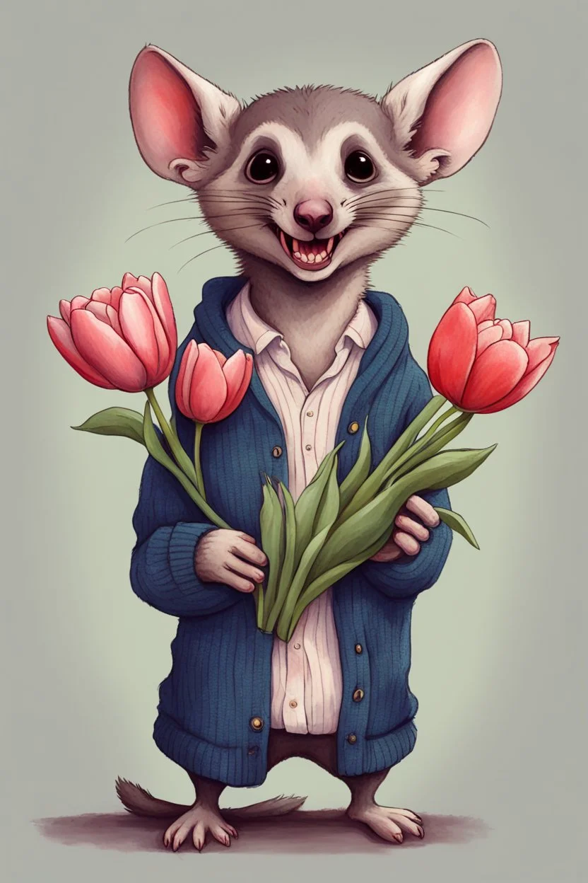 Hissing possum with wearing cardigan holding a bouquet of tulips cute art