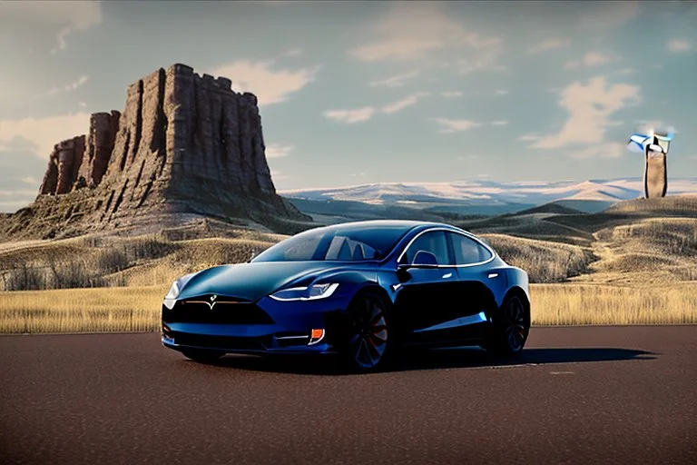 A Tesla 'Model S' is parked, near the 'Devils Tower' in Wyoming. (CINEMATIC, WIDE ANGLE LENS, PHOTO REAL)