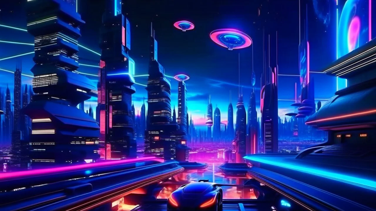 A futuristic cityscape at night with neon lights and flying cars.