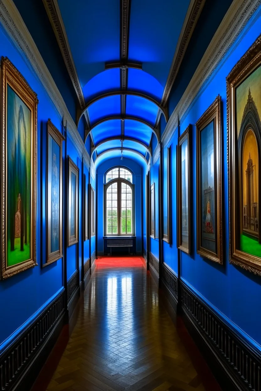 A museum for displaying paintings, whose side walls are oval and made of blue glass, with a corridor at the end on the left side