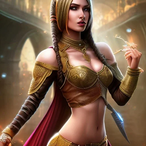 Full body, fantasy setting, woman, dark skin, Indian, 20 years old, magician, warrior, hourglass body shape, bicolor hair, muscular, cinematic, Arabian clothes, insanely detailed, Arabian style, half-hawk haircut, white and red hair, medieval