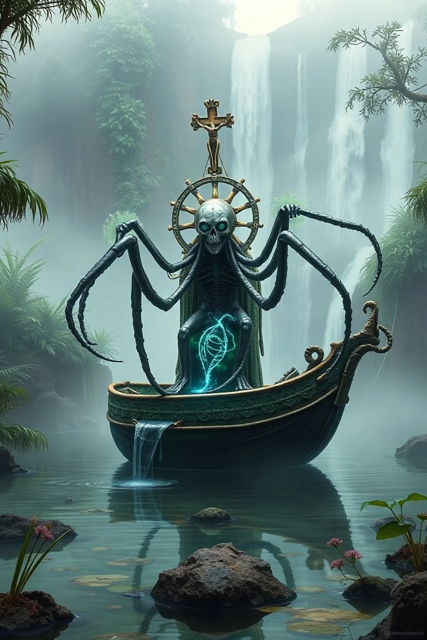 action figure of a crucified alien spider electric eel necromancer on round swamp transparent glass obcidian boat beholder eye wheel throne in a charged foggy jungle waterfall