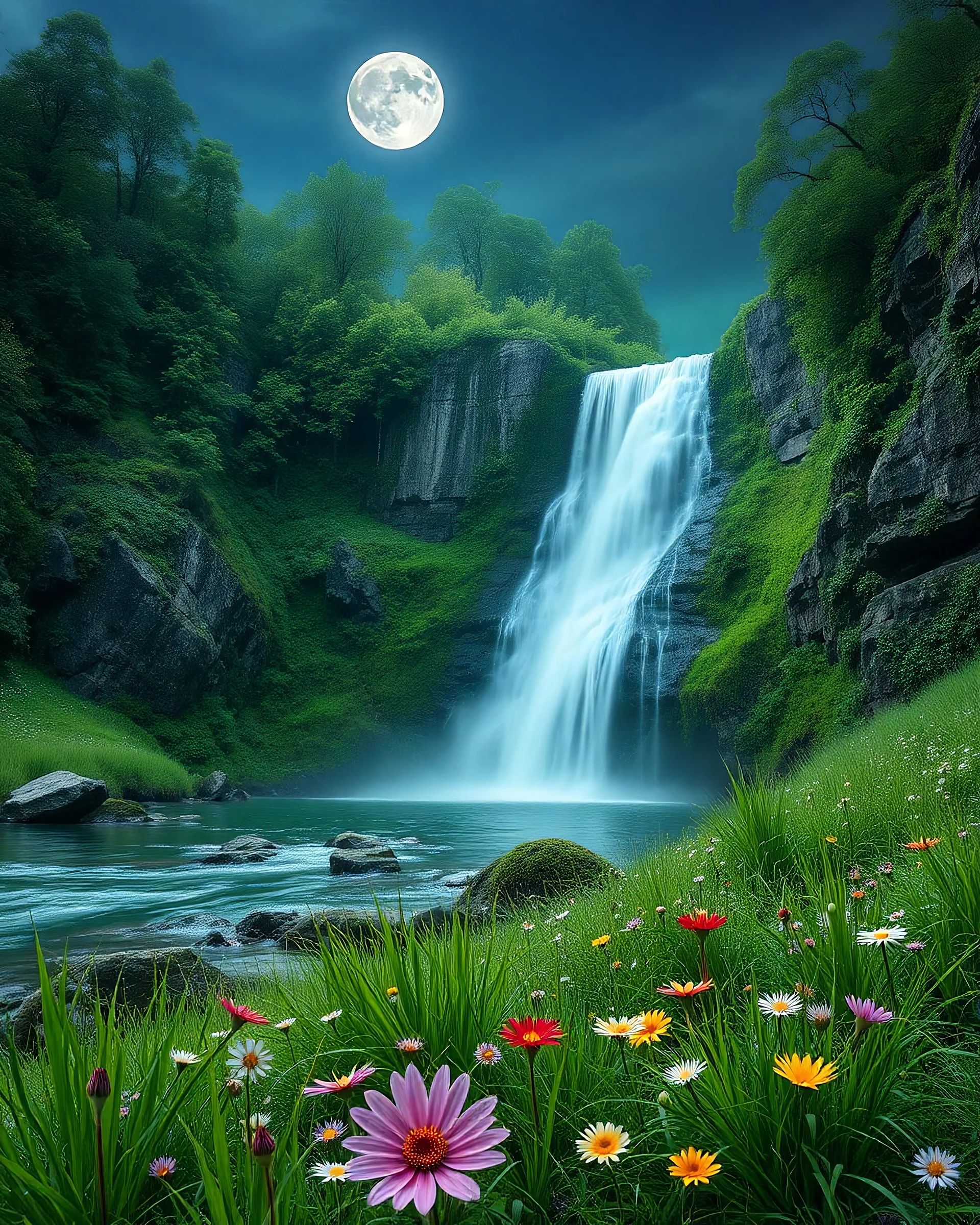 mahadev parvati green grass flowers moon waterfall river