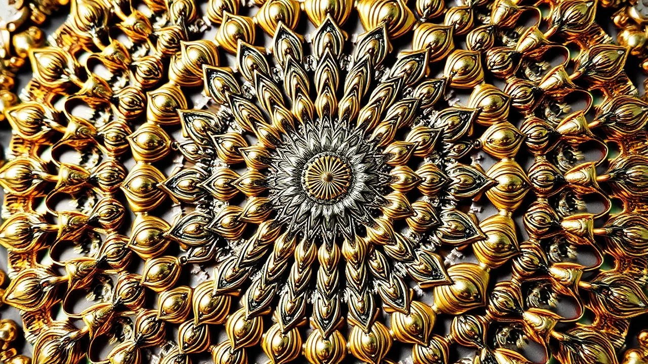 3d mandela fractal made of a metallic random color objects turning many times likr Spirograph drawing Kaleidoscope Ruler Set creation