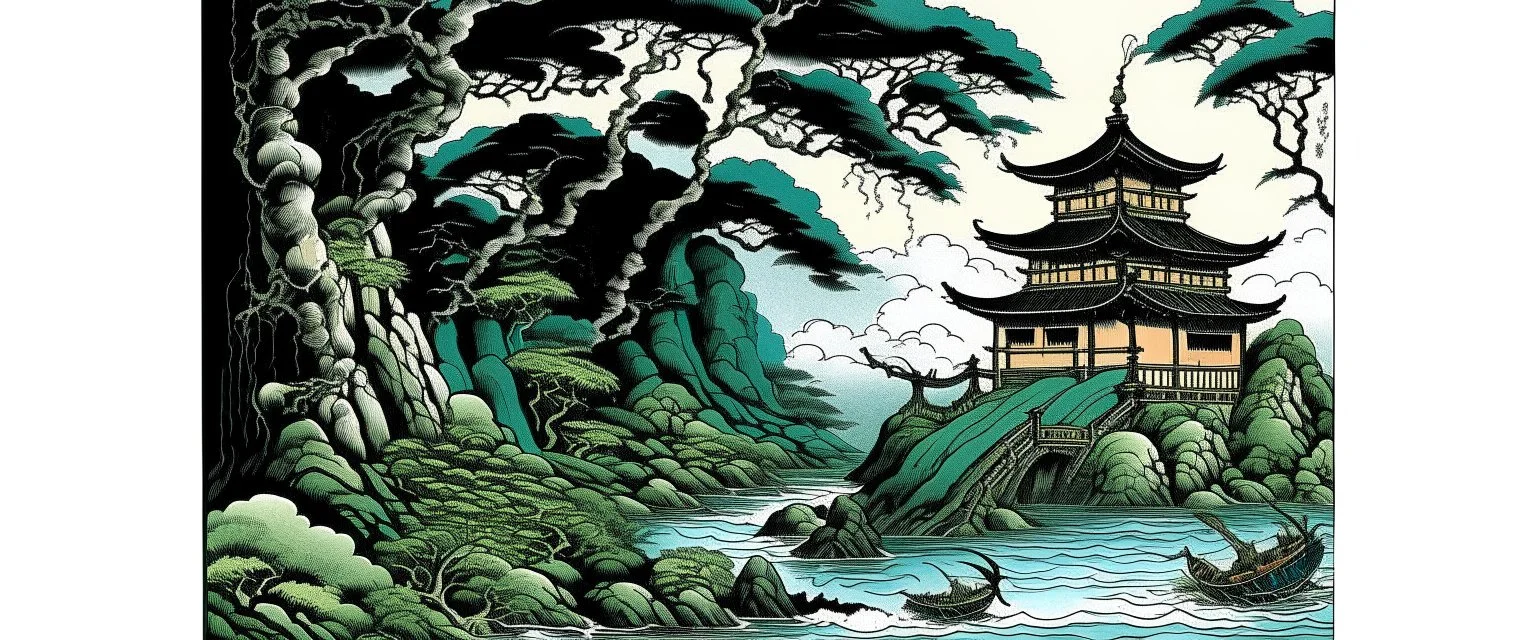 A blackish teal swamp make out of iron and energy painted by Katsushika Hokusai