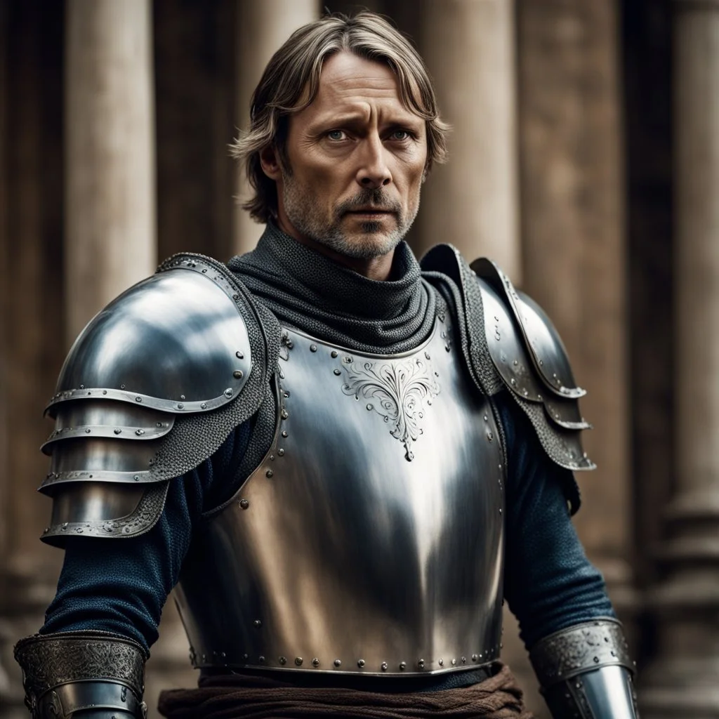 mads mikkelsen dresses in knight's armour, head fully in frame, high quality photo