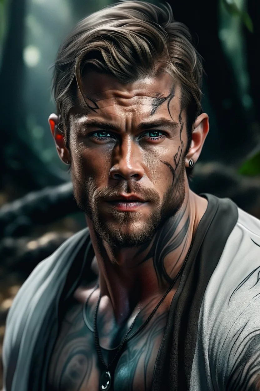 Portait young chris hemsworth as fantasy alpha werewolf in human form very muscular short cropped dark hair and stubble on chin, tribal tattoos wearing white button up shirt with rolled up sleeves realistic face, close-up, dark fantasy, fantasy forest, intricate details, hyper detailed, photograph