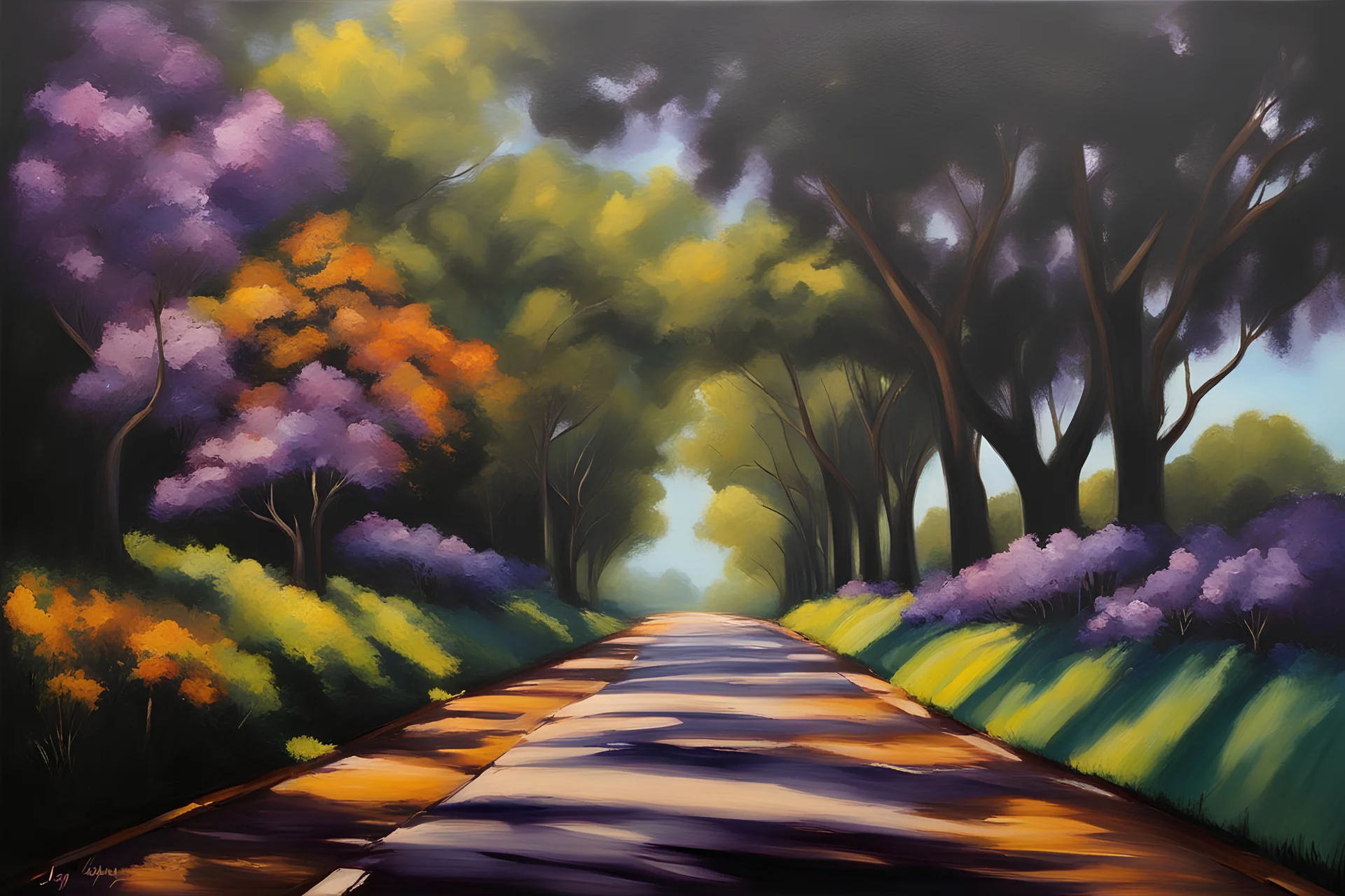 BLOOMIMG COLOURFUL OIL painting pf jacaranda trees on both sides in a WIDE tarred ROAD with flowers a, dark shadows foliage on both sides byJenny Boon