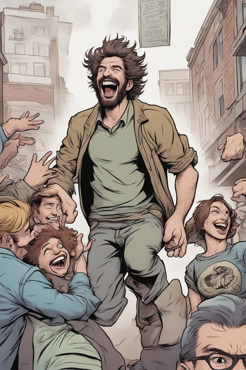 man with scruffy hair and stubble laughing absurdly at people panicking comic book style